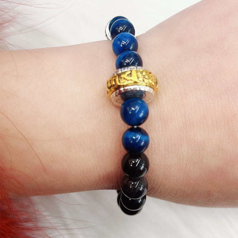 Silver Sheen Obsidian & Blue Tiger Eye Om Mani Padme Hum Copper Spinner Bracelet