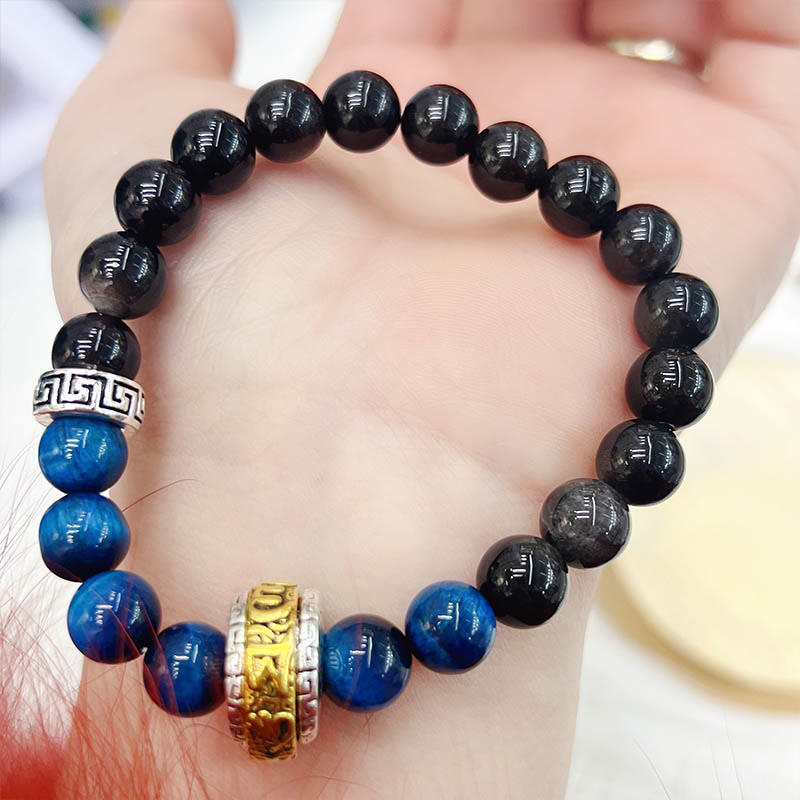 Silver Sheen Obsidian & Blue Tiger Eye Om Mani Padme Hum Copper Spinner Bracelet