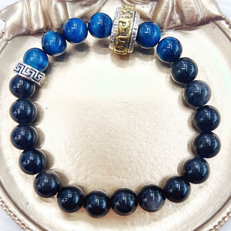 Silver Sheen Obsidian & Blue Tiger Eye Om Mani Padme Hum Copper Spinner Bracelet