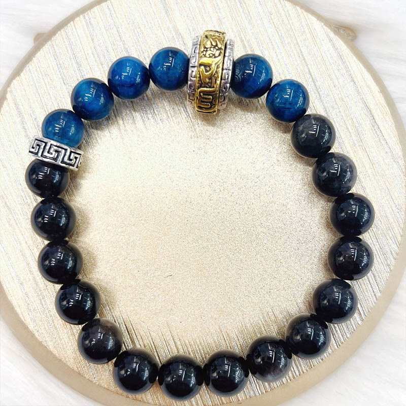 Silver Sheen Obsidian & Blue Tiger Eye Gold Plated Copper Om Mani Padme Hum Beaded Bracelet