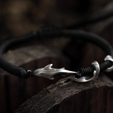 999 Sterling Silver Shark Charm Adjustable Wax Rope Bracelet