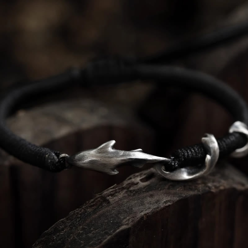 999 Sterling Silver Shark Charm Adjustable Wax Rope Bracelet