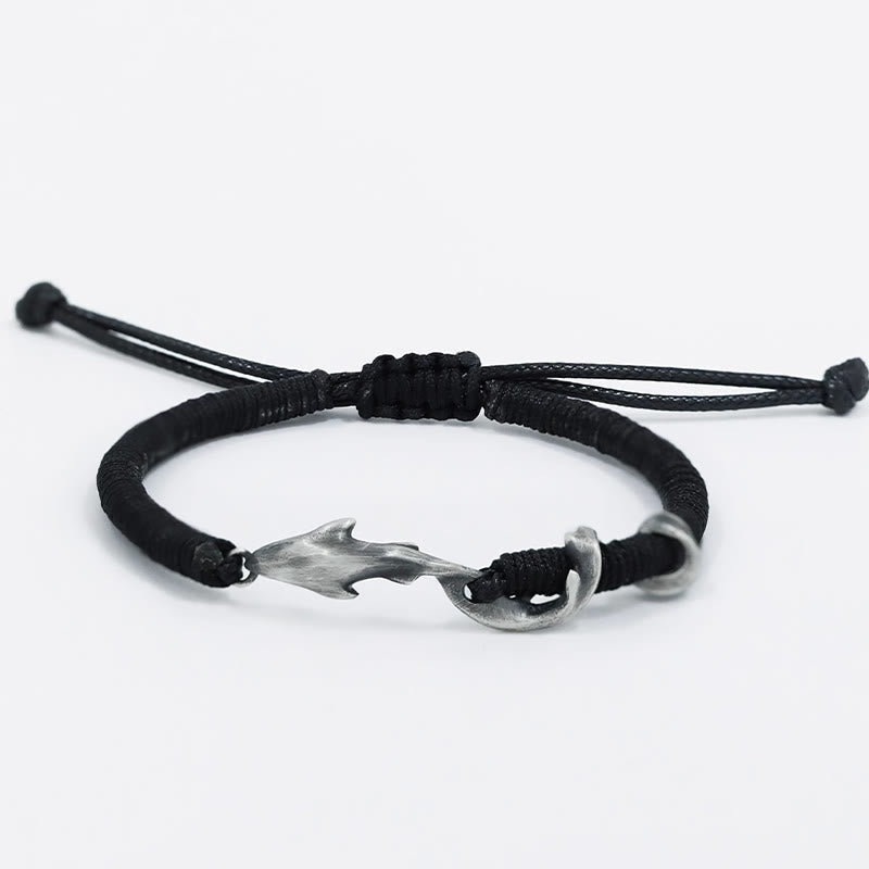 999 Sterling Silver Shark Charm Adjustable Wax Rope Bracelet