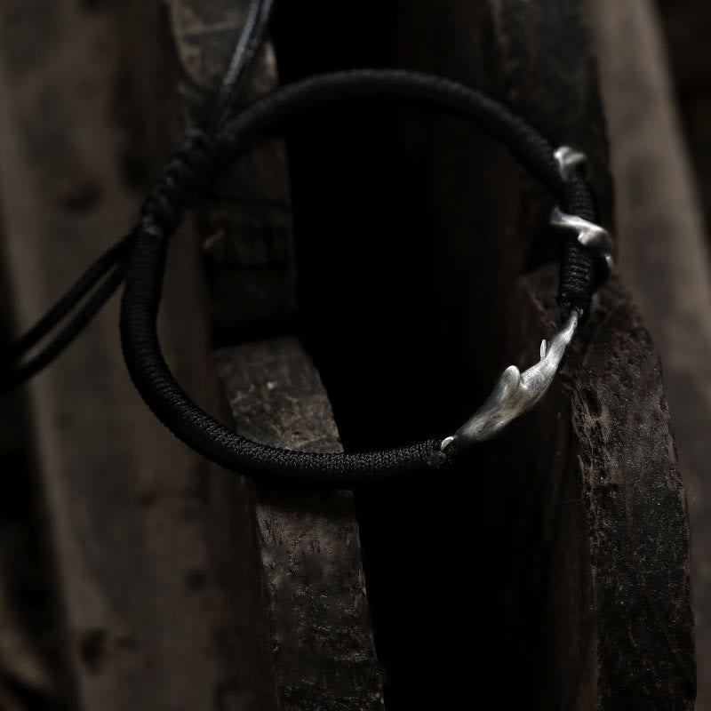 999 Sterling Silver Shark Charm Adjustable Wax Rope Bracelet
