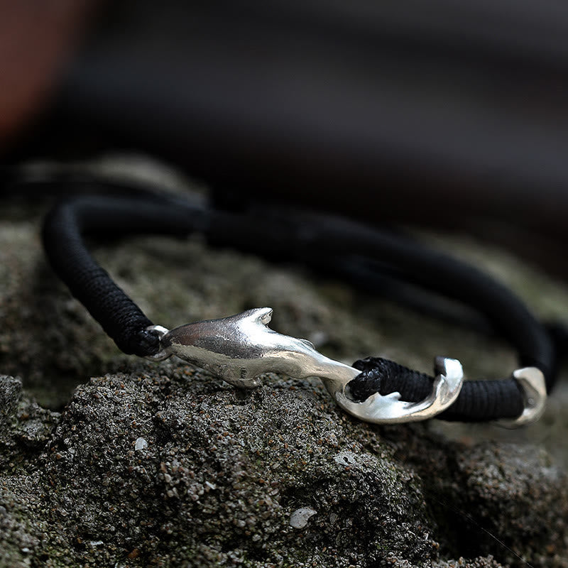 999 Sterling Silver Shark Charm Adjustable Wax Rope Bracelet