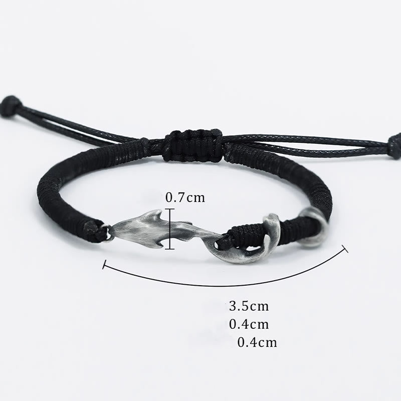 999 Sterling Silver Shark Charm Adjustable Wax Rope Bracelet