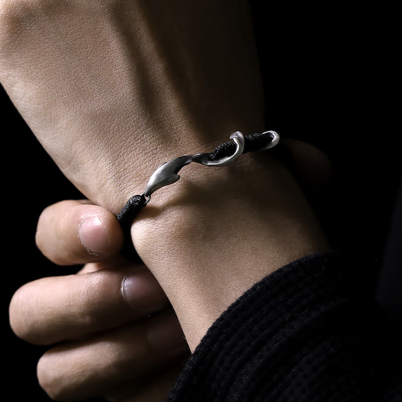 999 Sterling Silver Shark Charm Adjustable Wax Rope Bracelet