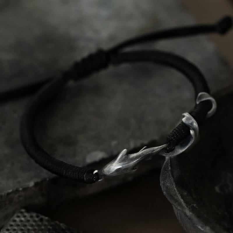 999 Sterling Silver Shark Charm Adjustable Wax Rope Bracelet