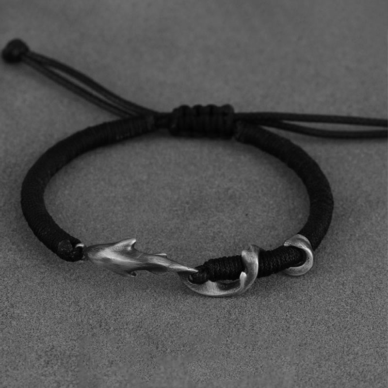 999 Sterling Silver Shark Charm Adjustable Wax Rope Bracelet