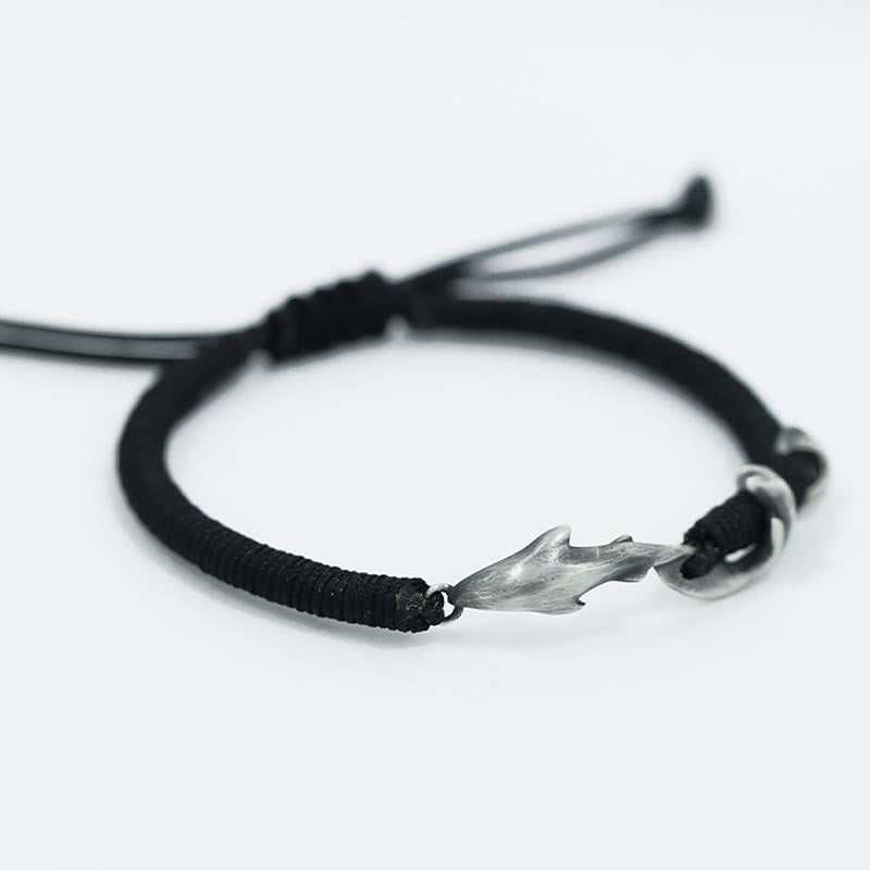 999 Sterling Silver Shark Charm Adjustable Wax Rope Bracelet