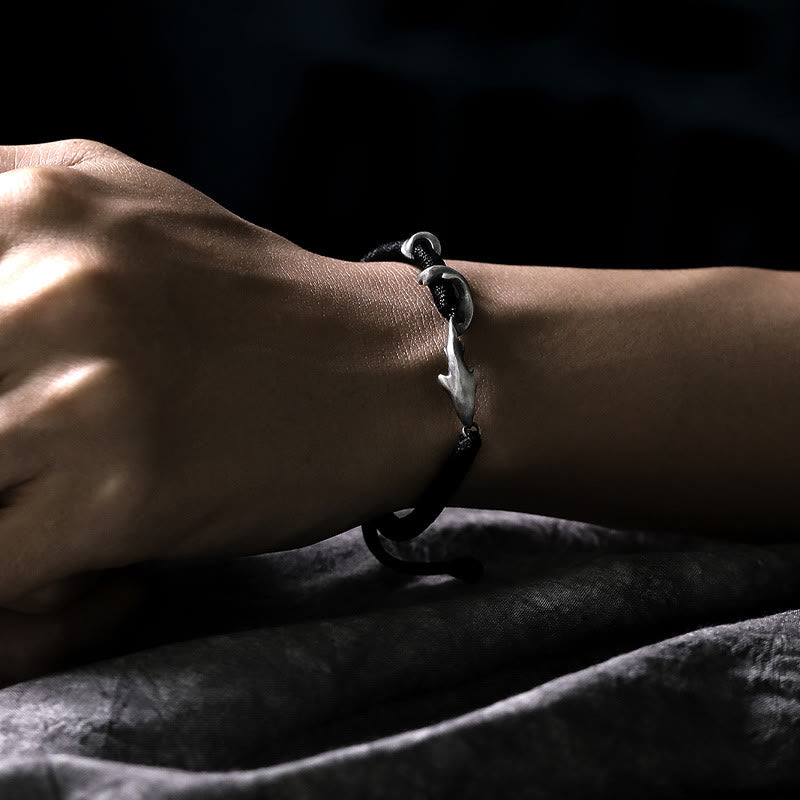 999 Sterling Silver Shark Charm Adjustable Wax Rope Bracelet