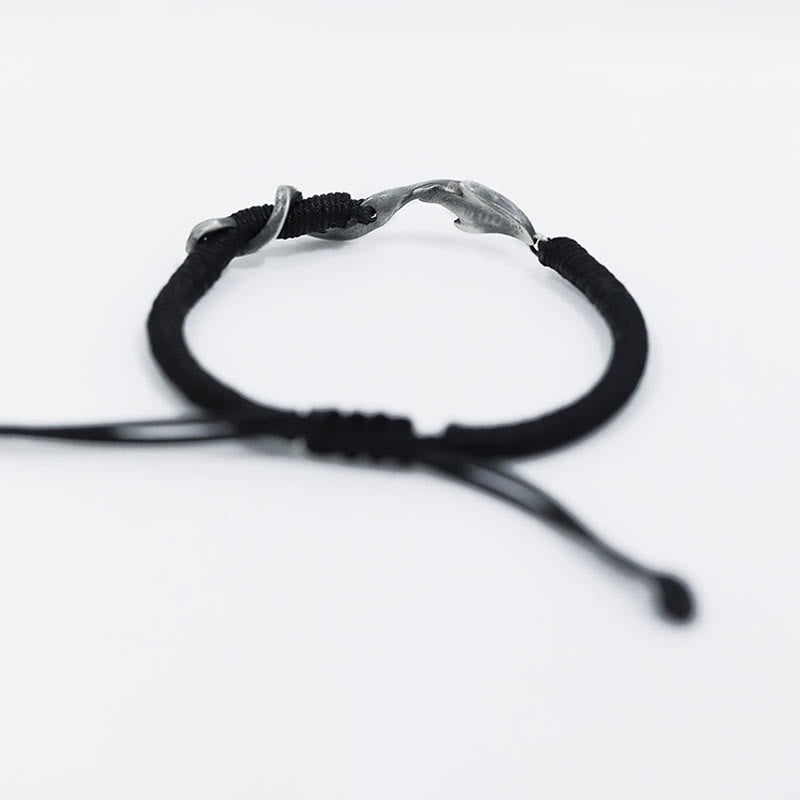 999 Sterling Silver Shark Charm Adjustable Wax Rope Bracelet