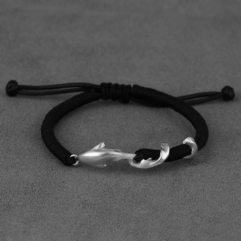 999 Sterling Silver Shark Charm Adjustable Wax Rope Bracelet