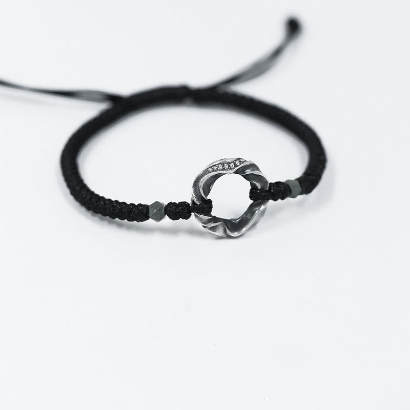 Adjustable Fine Silver Ping An Kou (Peace Buckle) 999 Sterling Silver & Black Wax Rope Bracelet