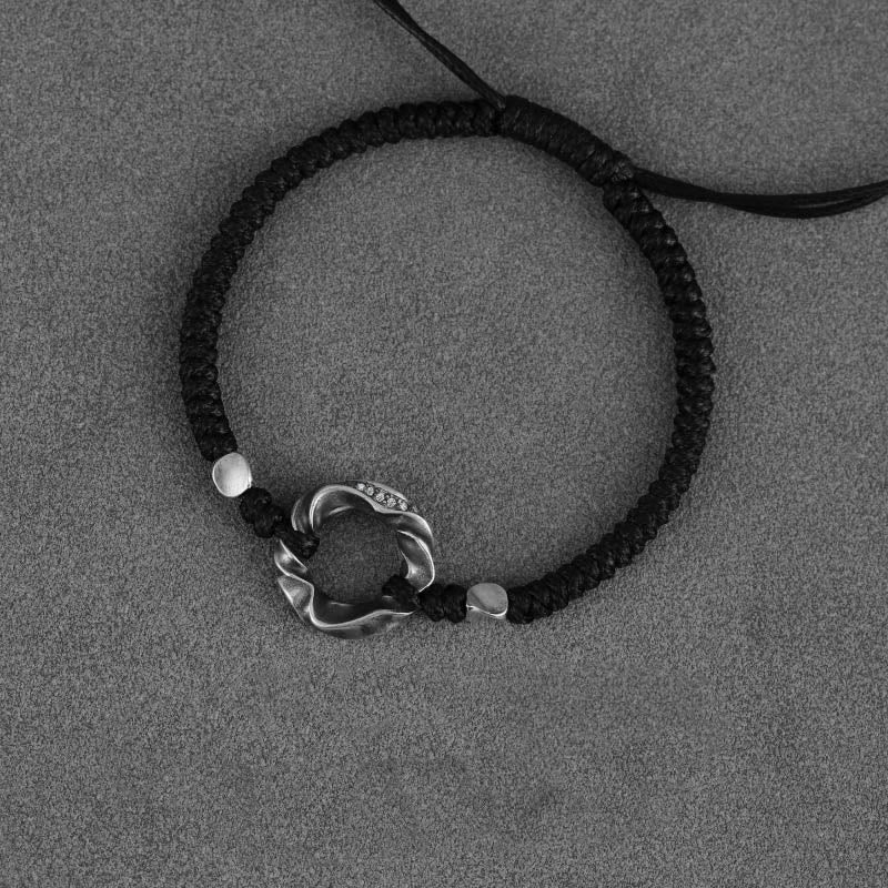 Adjustable Fine Silver Ping An Kou (Peace Buckle) 999 Sterling Silver & Black Wax Rope Bracelet