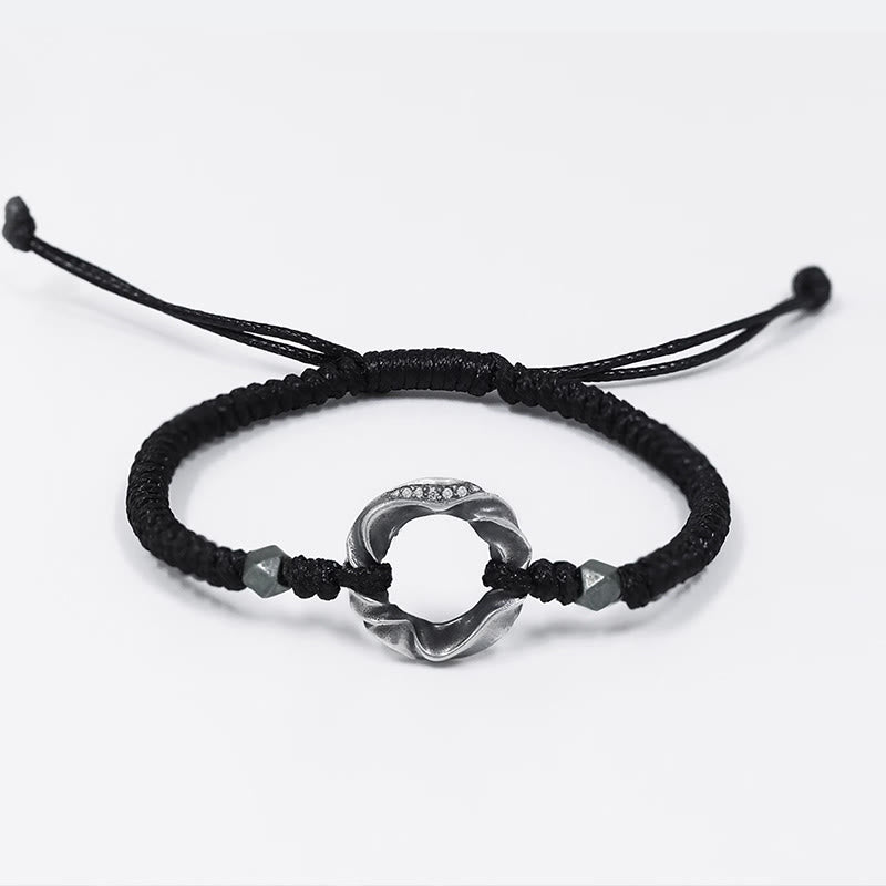 Adjustable Fine Silver Ping An Kou (Peace Buckle) 999 Sterling Silver & Black Wax Rope Bracelet