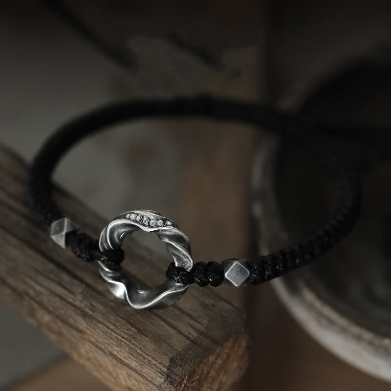 Adjustable Fine Silver Ping An Kou (Peace Buckle) 999 Sterling Silver & Black Wax Rope Bracelet