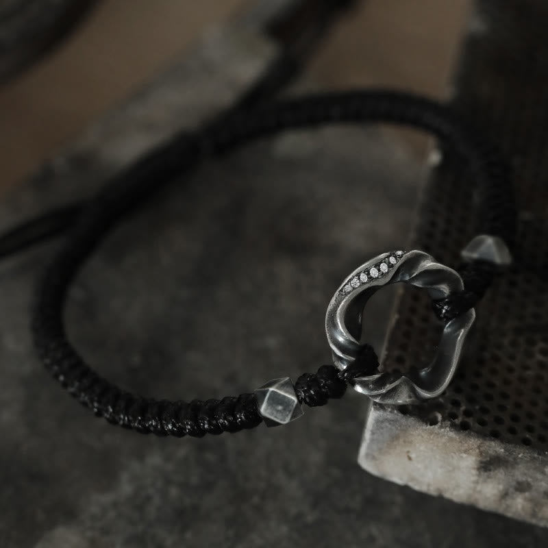 Adjustable Fine Silver Ping An Kou (Peace Buckle) 999 Sterling Silver & Black Wax Rope Bracelet