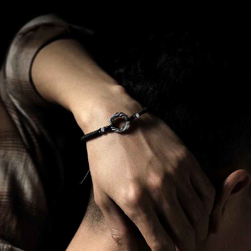 Adjustable Fine Silver Ping An Kou (Peace Buckle) 999 Sterling Silver & Black Wax Rope Bracelet