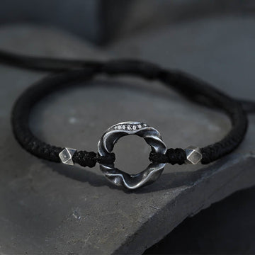 Adjustable Fine Silver Ping An Kou (Peace Buckle) 999 Sterling Silver & Black Wax Rope Bracelet
