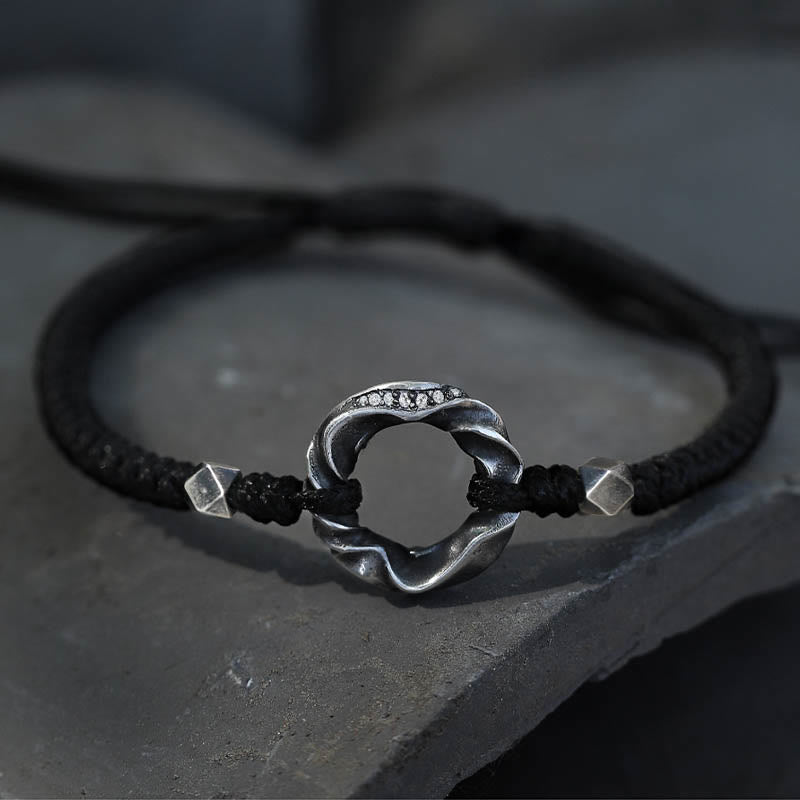 Adjustable Fine Silver Ping An Kou (Peace Buckle) 999 Sterling Silver & Black Wax Rope Bracelet