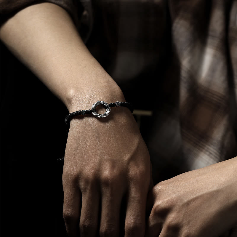 Adjustable Fine Silver Ping An Kou (Peace Buckle) 999 Sterling Silver & Black Wax Rope Bracelet