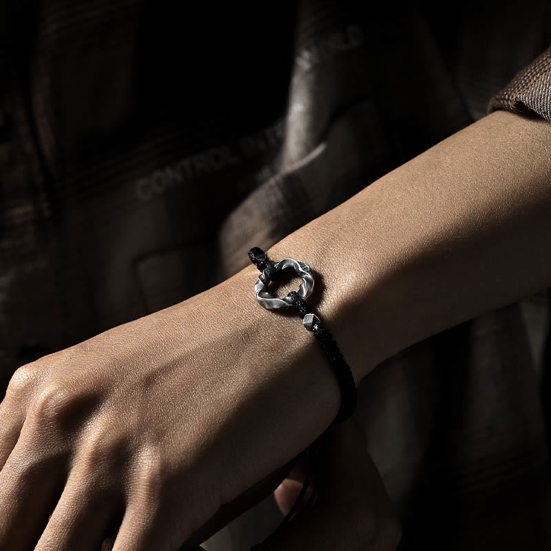 Adjustable Fine Silver Ping An Kou (Peace Buckle) 999 Sterling Silver & Black Wax Rope Bracelet