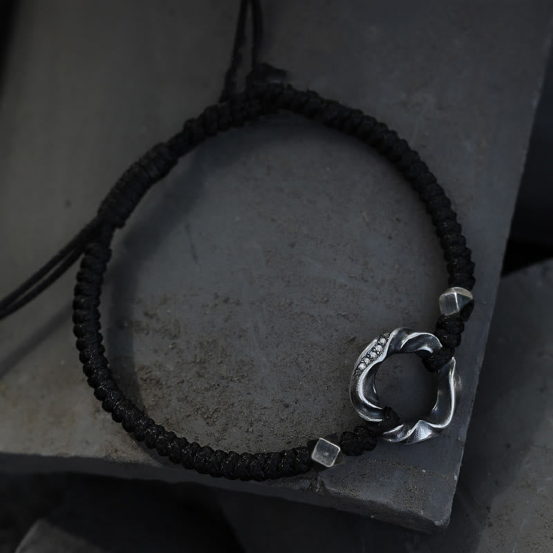Adjustable Fine Silver Ping An Kou (Peace Buckle) 999 Sterling Silver & Black Wax Rope Bracelet