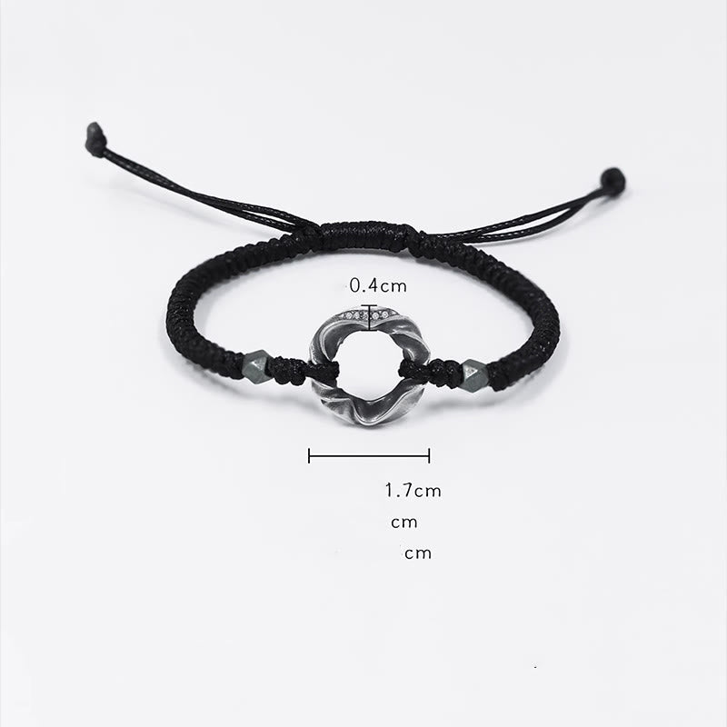 Adjustable Fine Silver Ping An Kou (Peace Buckle) 999 Sterling Silver & Black Wax Rope Bracelet