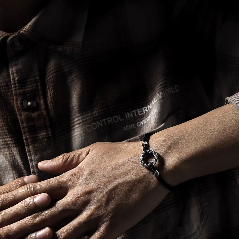 Adjustable Fine Silver Ping An Kou (Peace Buckle) 999 Sterling Silver & Black Wax Rope Bracelet