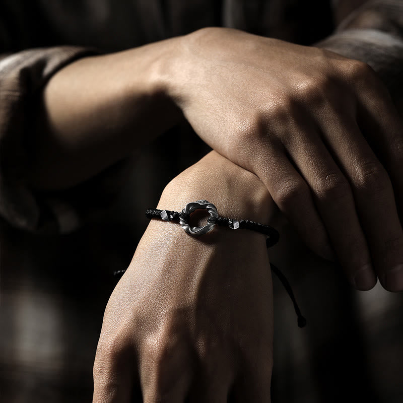 Adjustable Fine Silver Ping An Kou (Peace Buckle) 999 Sterling Silver & Black Wax Rope Bracelet
