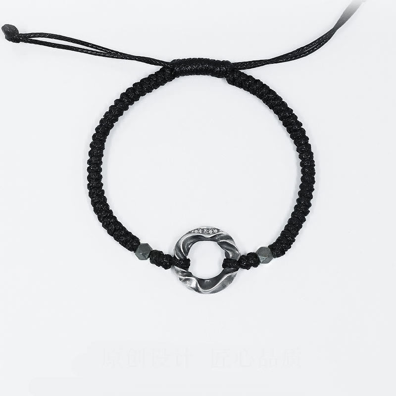 Adjustable Fine Silver Ping An Kou (Peace Buckle) 999 Sterling Silver & Black Wax Rope Bracelet
