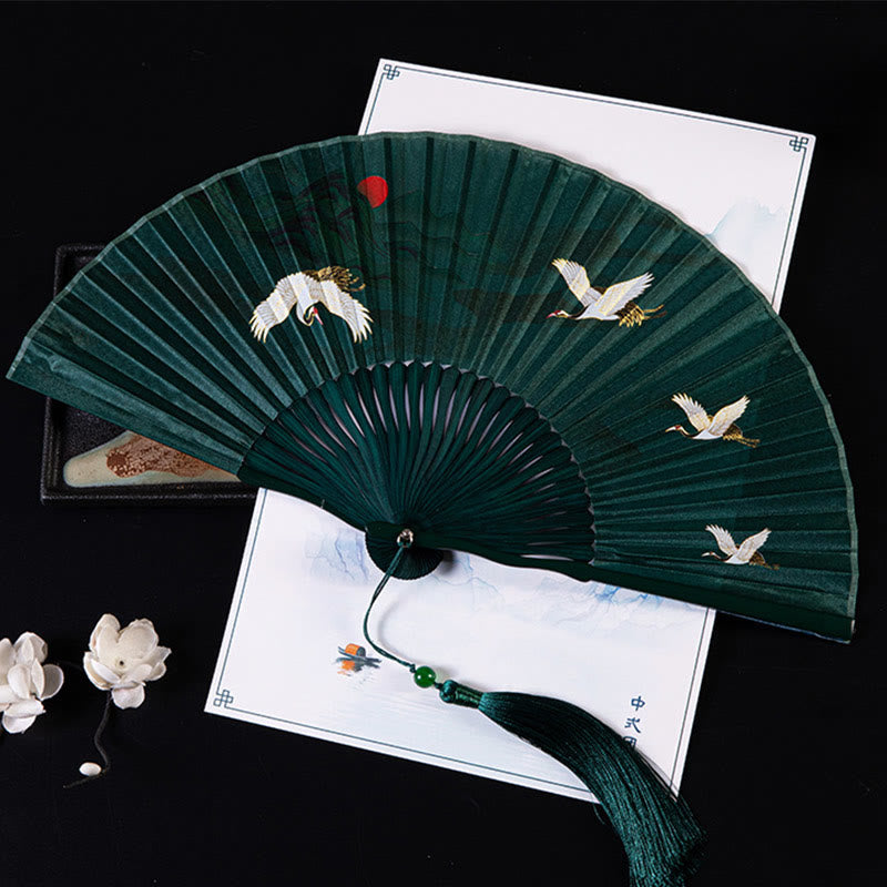 Cranes Auspicious Clouds Solid Color Gradient Handheld Cotton Linen Fabric Bamboo Folding Fan