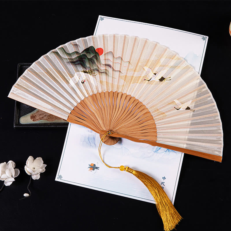 Cranes Auspicious Clouds Solid Color Gradient Handheld Cotton Linen Fabric Bamboo Folding Fan