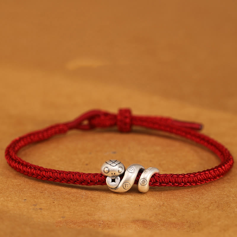 Handmade 999 Fine Silver Year of the Snake Copper Chinese Coin Braided Bracelet