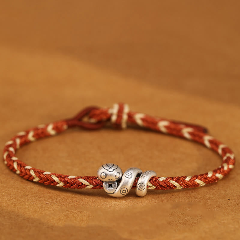 Handmade 999 Fine Silver Year of the Snake Copper Chinese Coin Braided Bracelet