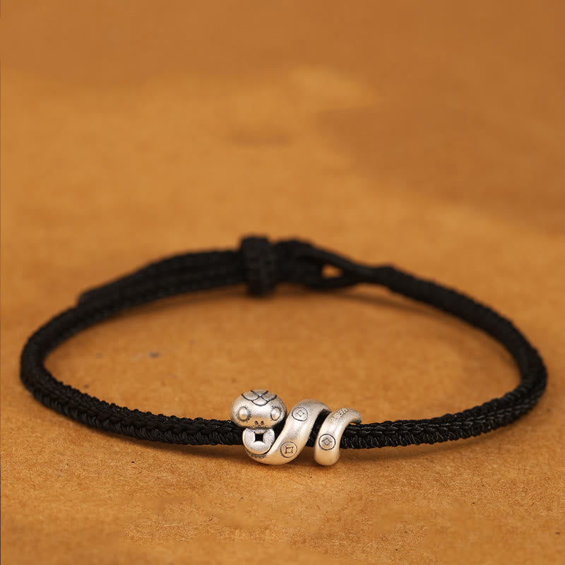 Handmade 999 Fine Silver Year of the Snake Copper Chinese Coin Braided Bracelet