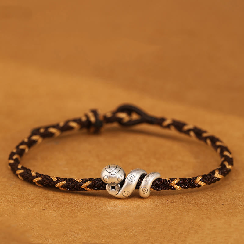 Handmade 999 Fine Silver Year of the Snake Copper Chinese Coin Braided Bracelet