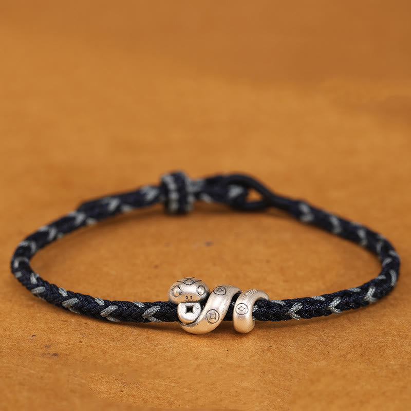 Handmade 999 Fine Silver Year of the Snake Copper Chinese Coin Braided Bracelet