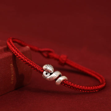 Handmade 999 Fine Silver Year of the Snake Copper Chinese Coin Braided Bracelet