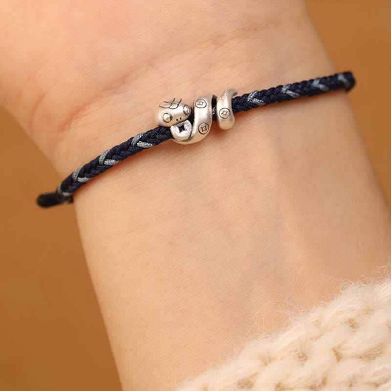 Handmade 999 Fine Silver Year of the Snake Copper Chinese Coin Braided Bracelet
