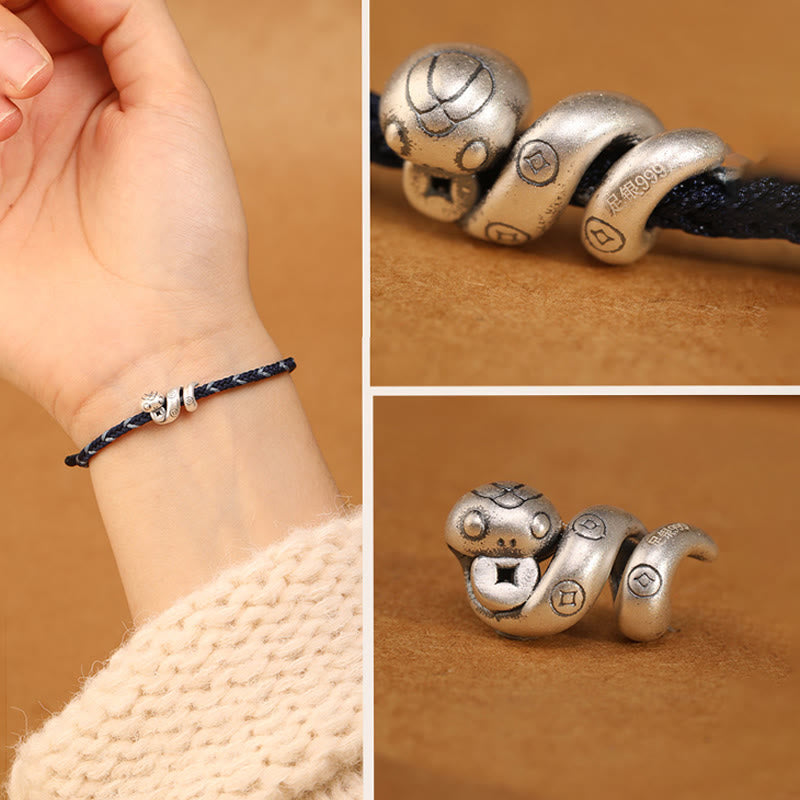 Handmade 999 Fine Silver Year of the Snake Copper Chinese Coin Braided Bracelet