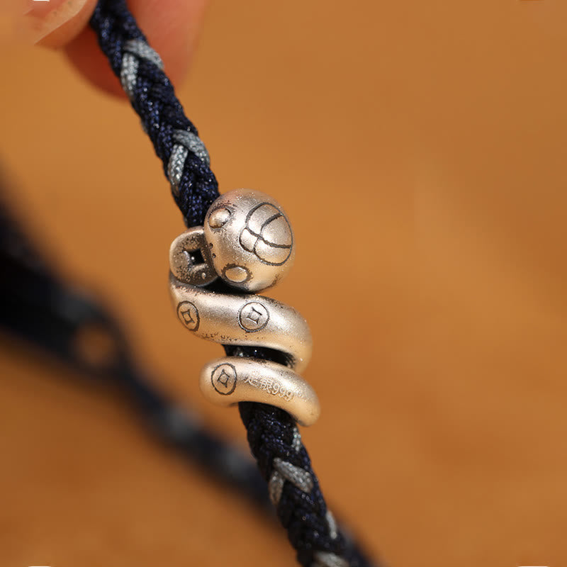 Handmade 999 Fine Silver Year of the Snake Copper Chinese Coin Braided Bracelet