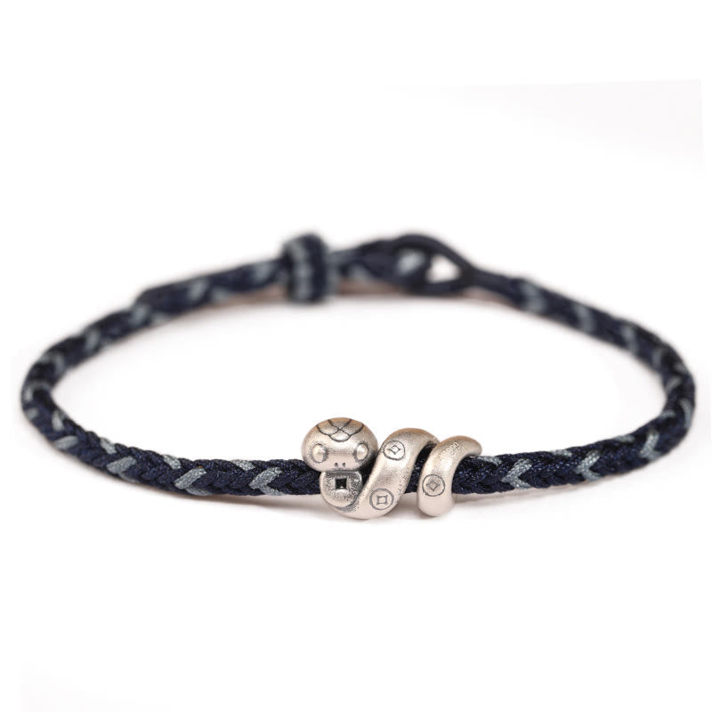 Handmade 999 Fine Silver Year of the Snake Copper Chinese Coin Braided Bracelet