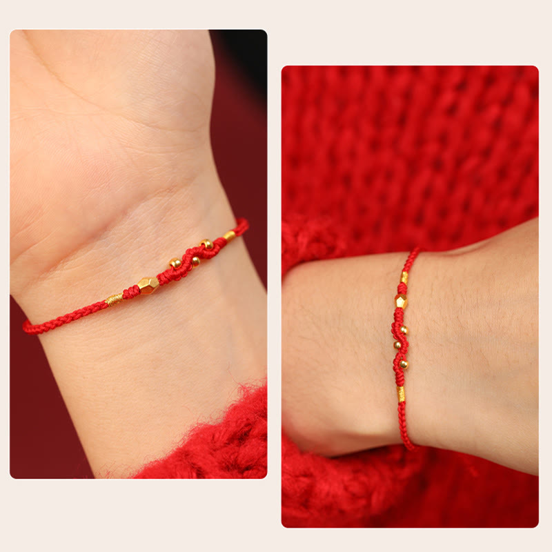 Adjustable Handmade Braided 24K Gold Snake Mini Bead Red String Bracelet