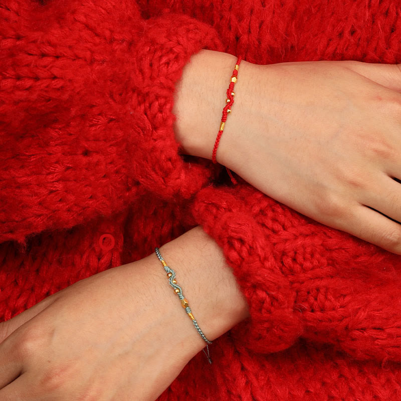 Adjustable Handmade Braided 24K Gold Snake Mini Bead Red String Bracelet