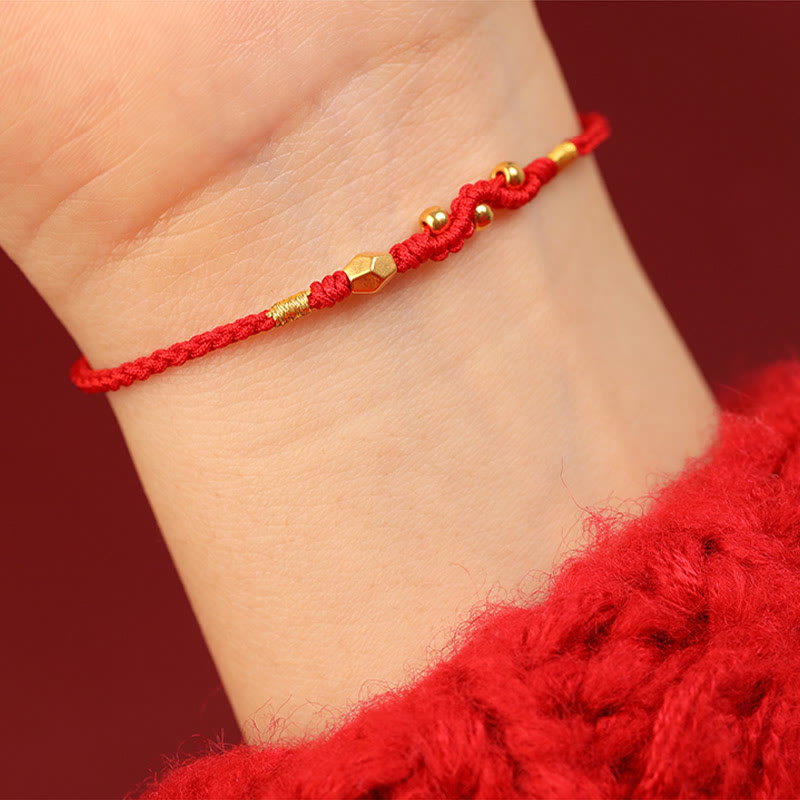 Adjustable Handmade Braided 24K Gold Snake Mini Bead Red String Bracelet