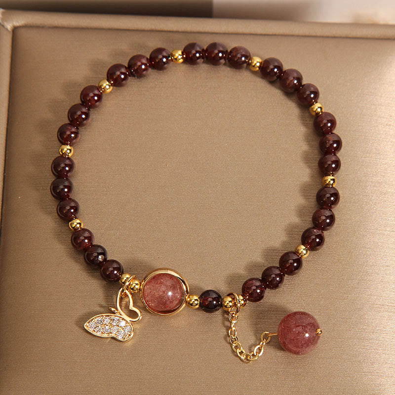 Natural Garnet Strawberry Quartz Butterfly Protection Bracelet