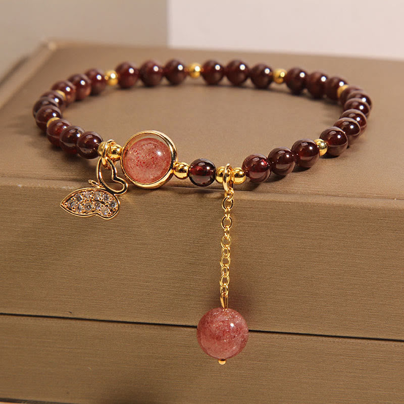 Natural Garnet Strawberry Quartz Butterfly Protection Bracelet