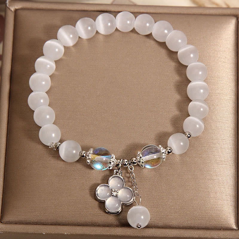 Cat's Eye Crystal Lucky Four Leaf Clover Charm Love Bracelet